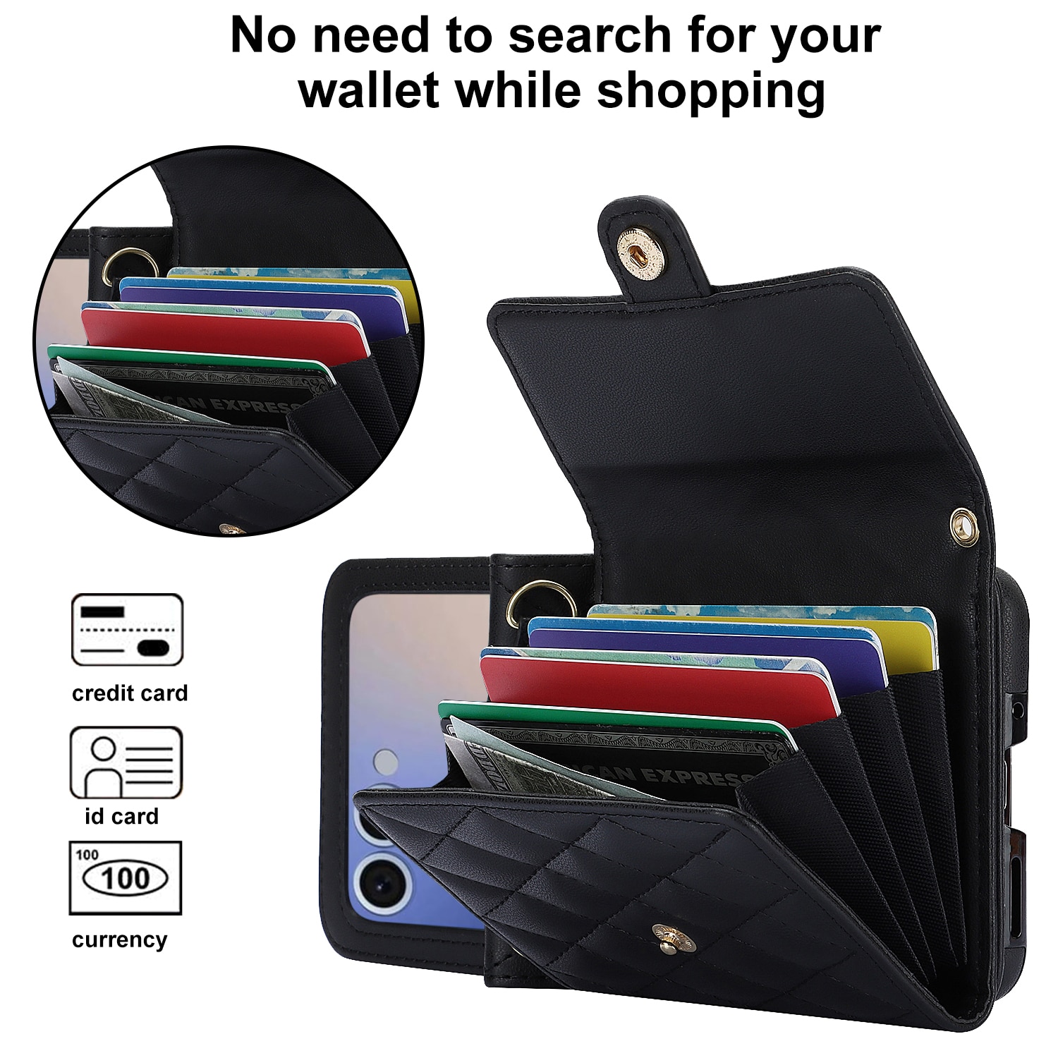 Étui portefeuille matelassée anti-RFID pour Samsung Galaxy Z Flip 7, Noir