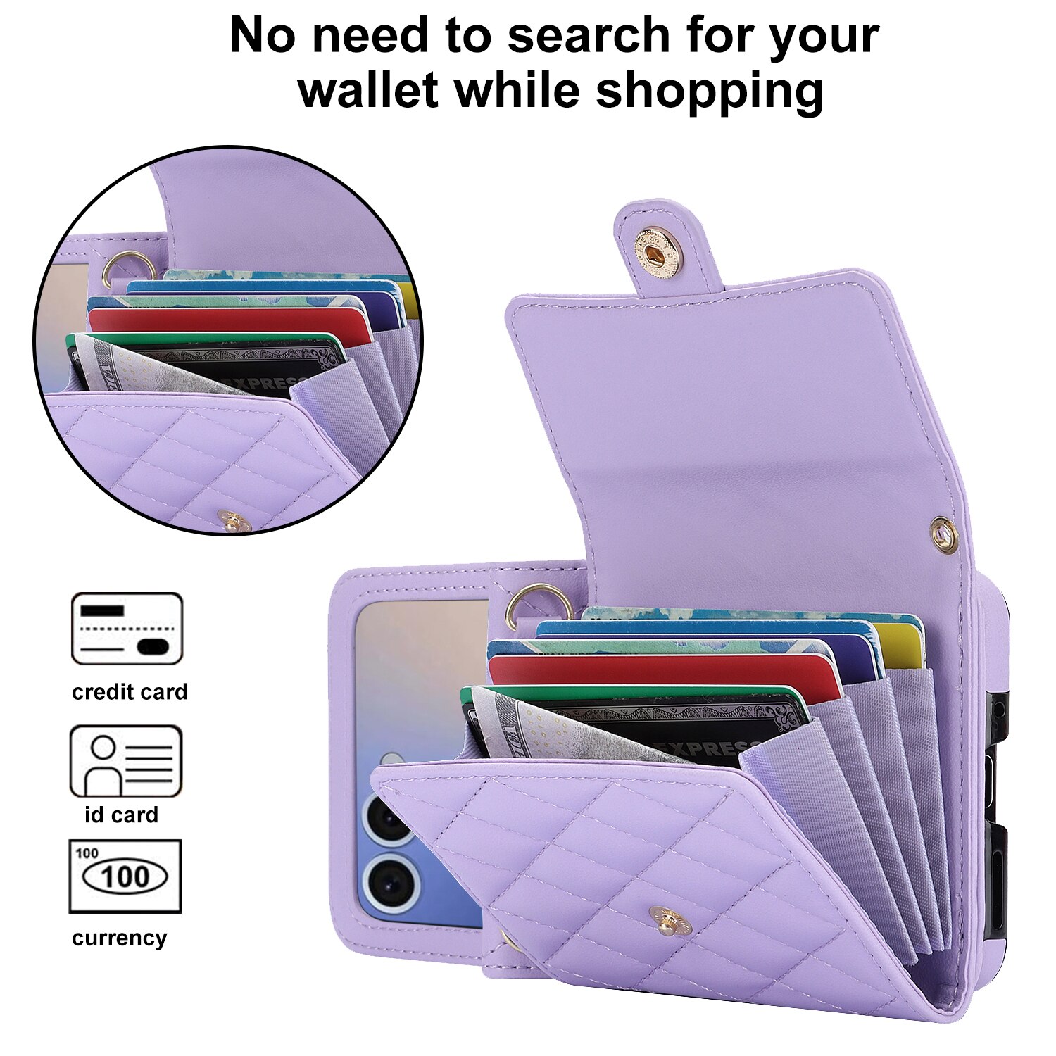 Étui portefeuille matelassée anti-RFID pour Samsung Galaxy Z Flip 7, Violet