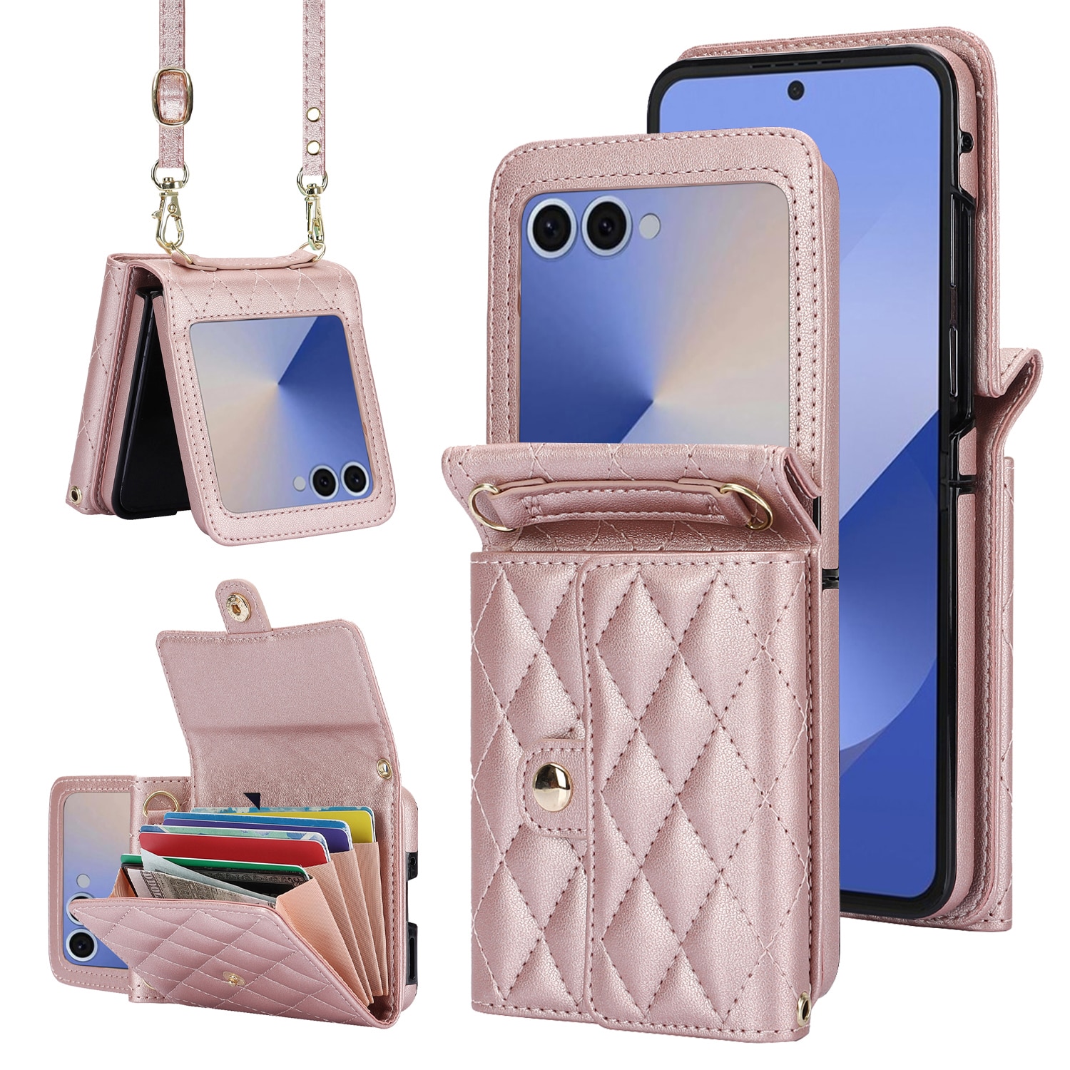 Étui portefeuille matelassée anti-RFID pour Samsung Galaxy Z Flip 7, Or rose