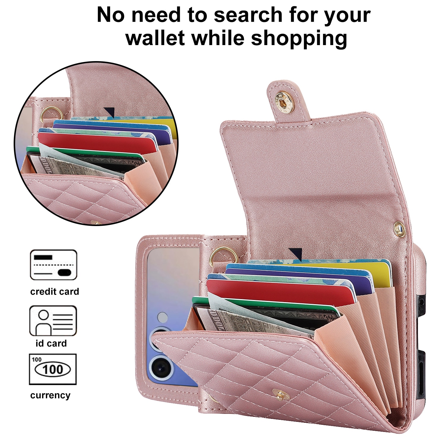 Étui portefeuille matelassée anti-RFID pour Samsung Galaxy Z Flip 7, Or rose