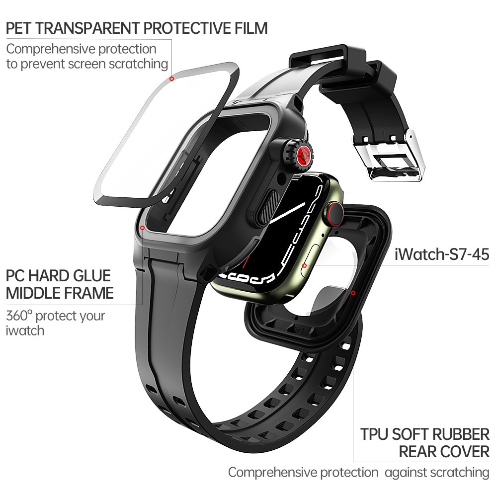 Coque étanche avec Bracelet en silicone Apple Watch 45mm Series 8, noir