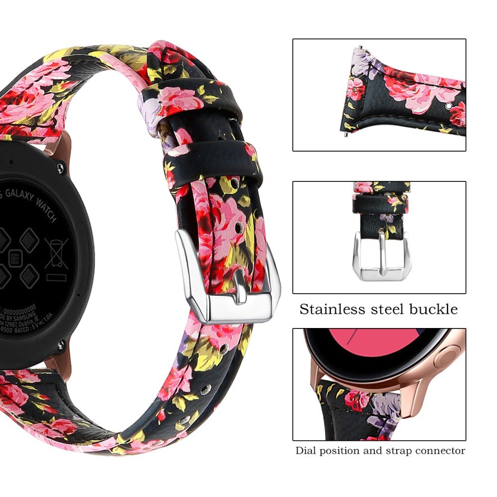 Bracelet en cuir fin Samsung Galaxy Watch 42mm Fleurs noires