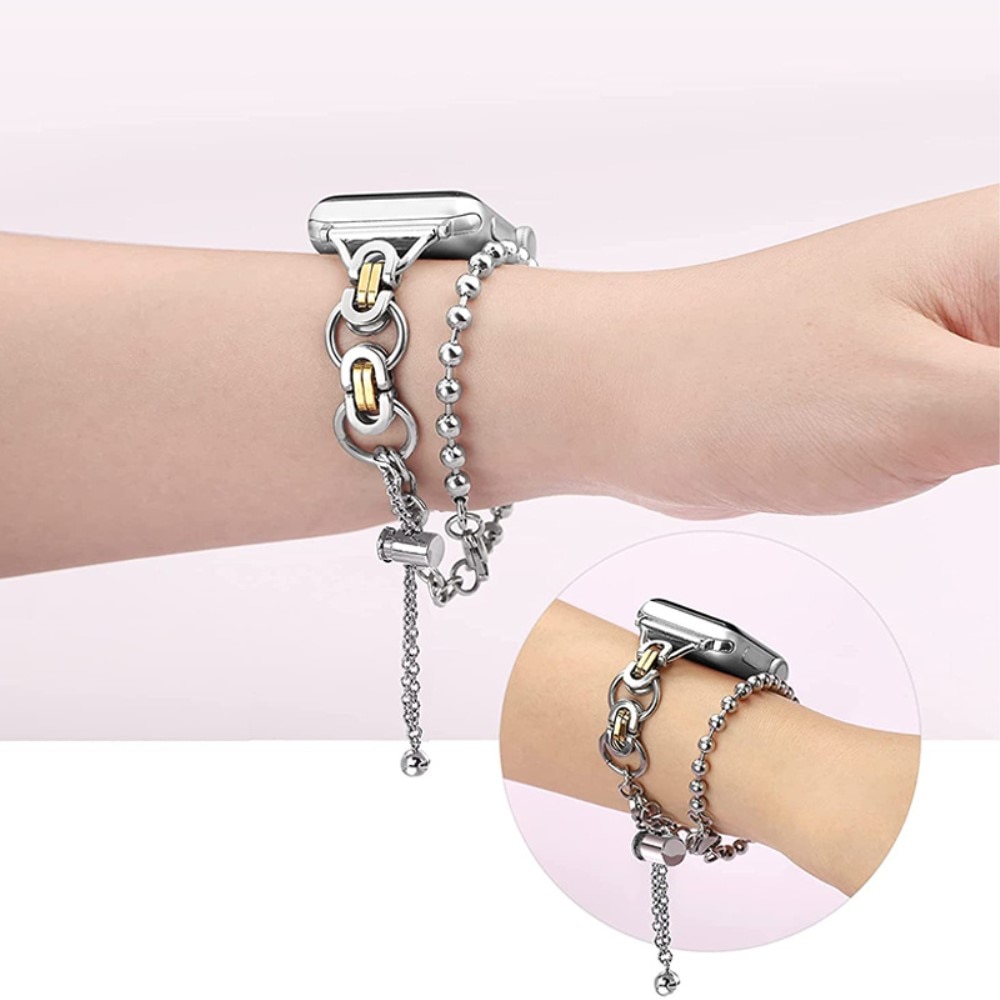 Bracelet acier avec perles Apple Watch 45mm Series 7, argent/or