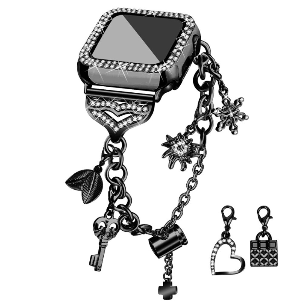 Bracelet avec breloques et coque Rhinestone pour Apple Watch 41mm, noir