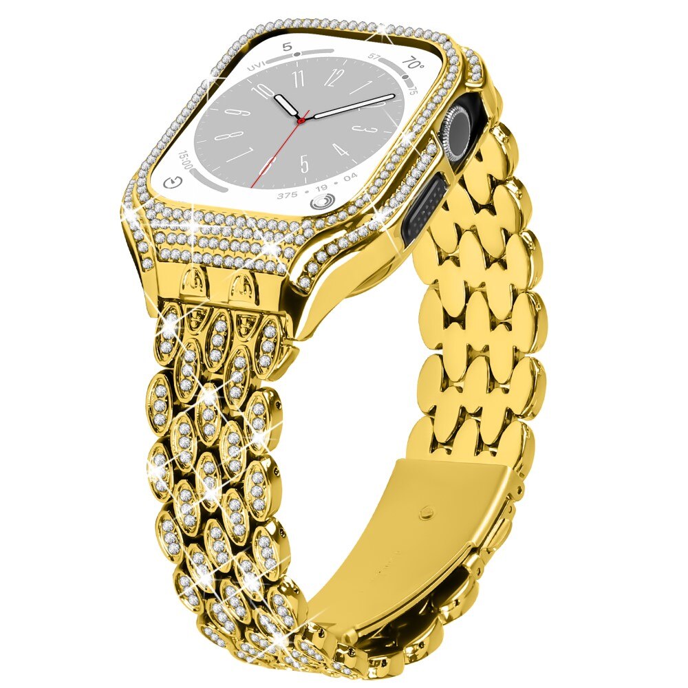 Bracelet en métal avec coque Rhinestone pour Apple Watch 41mm Series 7, or