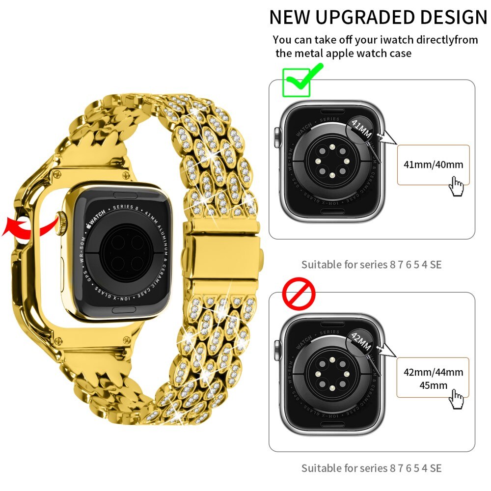 Bracelet en métal avec coque Rhinestone pour Apple Watch 41mm Series 8, or