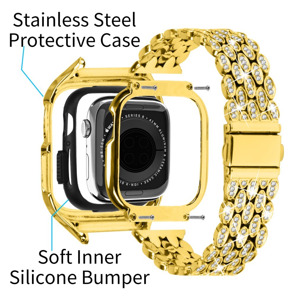 Bracelet en métal avec coque Rhinestone pour Apple Watch 41mm Series 7, or