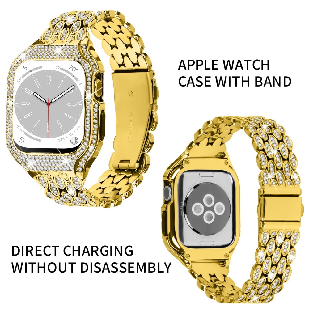 Bracelet en métal avec coque Rhinestone pour Apple Watch 41mm Series 7, or