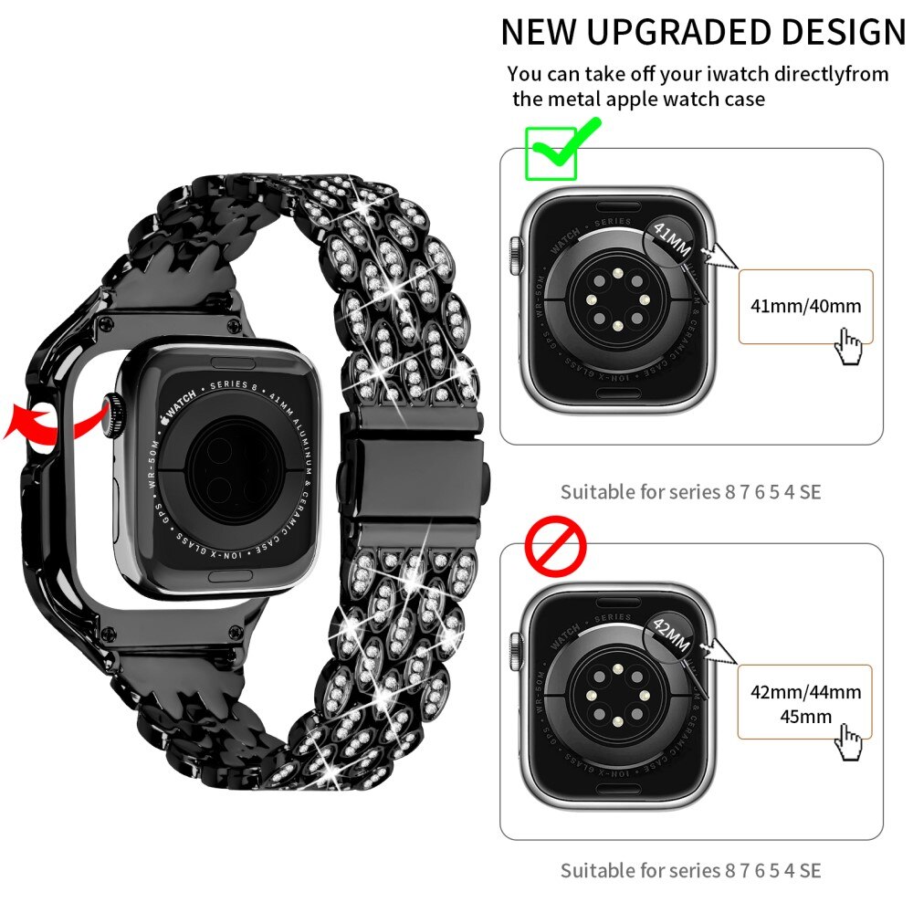 Bracelet en métal avec coque Rhinestone pour Apple Watch 41mm Series 9, noir