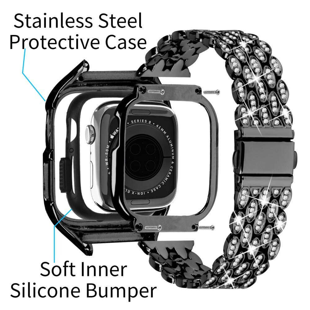 Bracelet en métal avec coque Rhinestone pour Apple Watch 41mm Series 8, noir