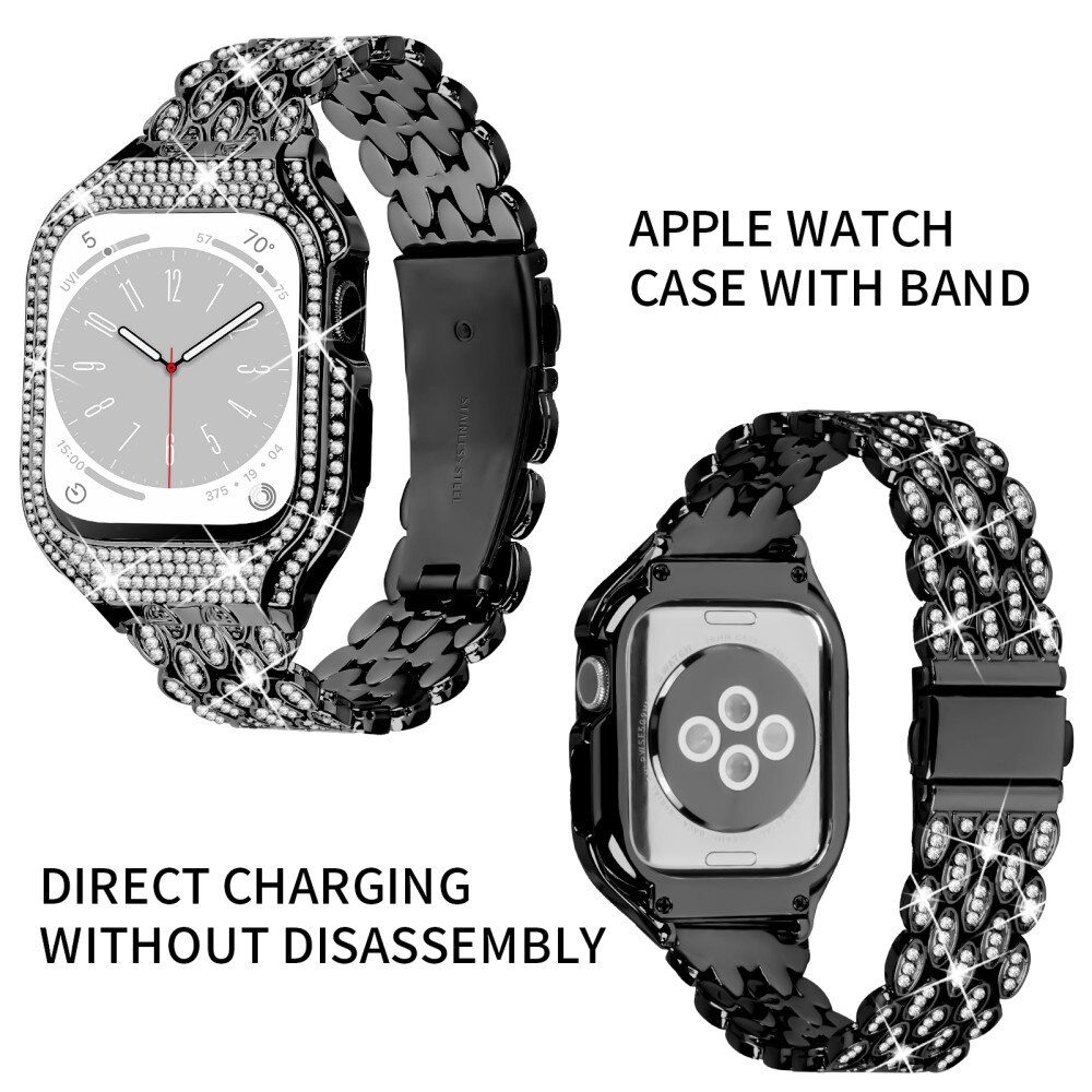 Bracelet en métal avec coque Rhinestone pour Apple Watch 41mm Series 7, noir