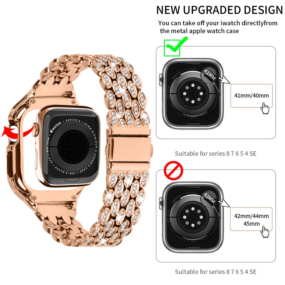 Bracelet en métal avec coque Rhinestone pour Apple Watch 41mm Series 9, or rose