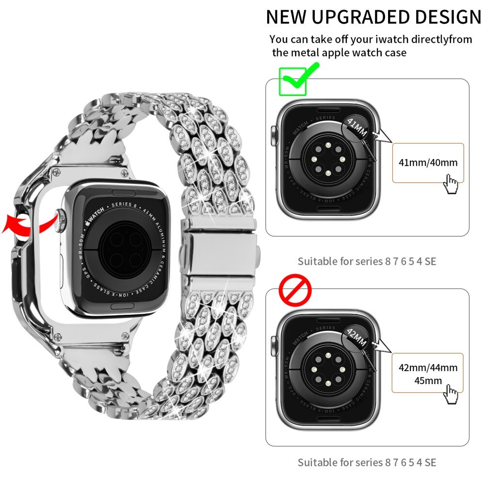 Bracelet en métal avec coque Rhinestone pour Apple Watch 41mm Series 9, argent