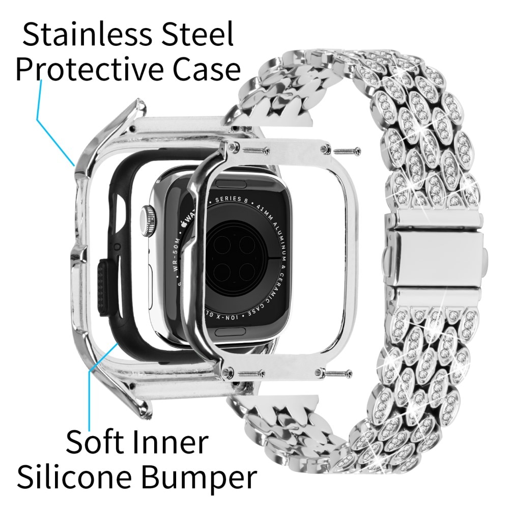 Bracelet en métal avec coque Rhinestone pour Apple Watch 41mm Series 7, argent