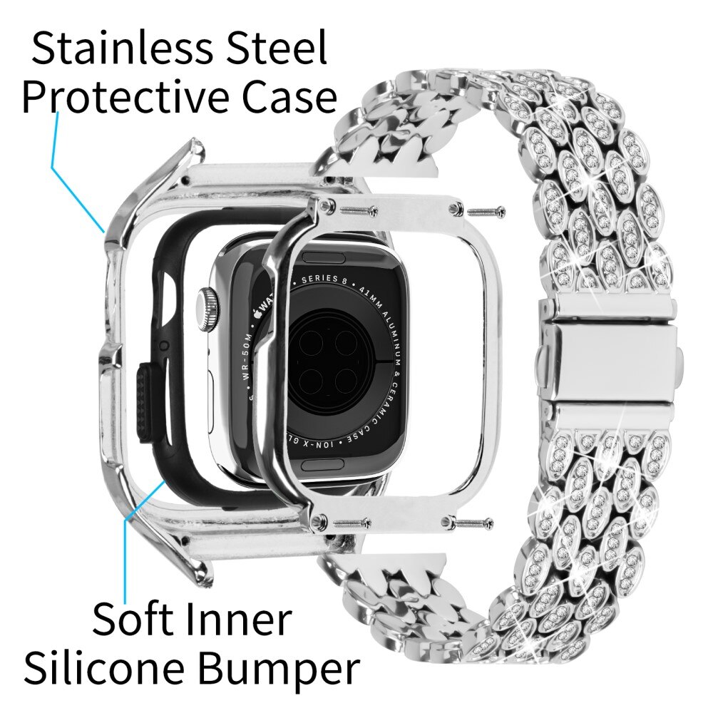 Bracelet en métal avec coque Rhinestone pour Apple Watch 41mm Series 8, argent