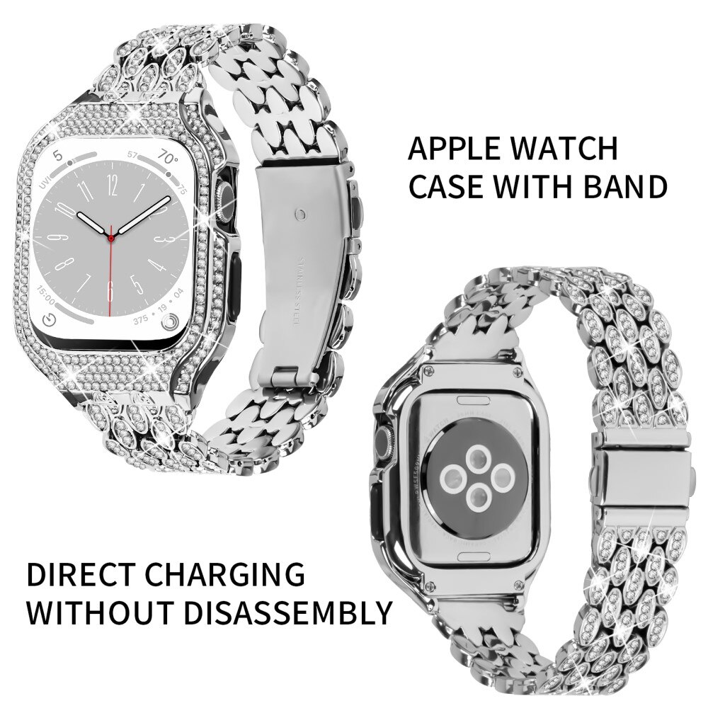 Bracelet en métal avec coque Rhinestone pour Apple Watch 41mm Series 7, argent