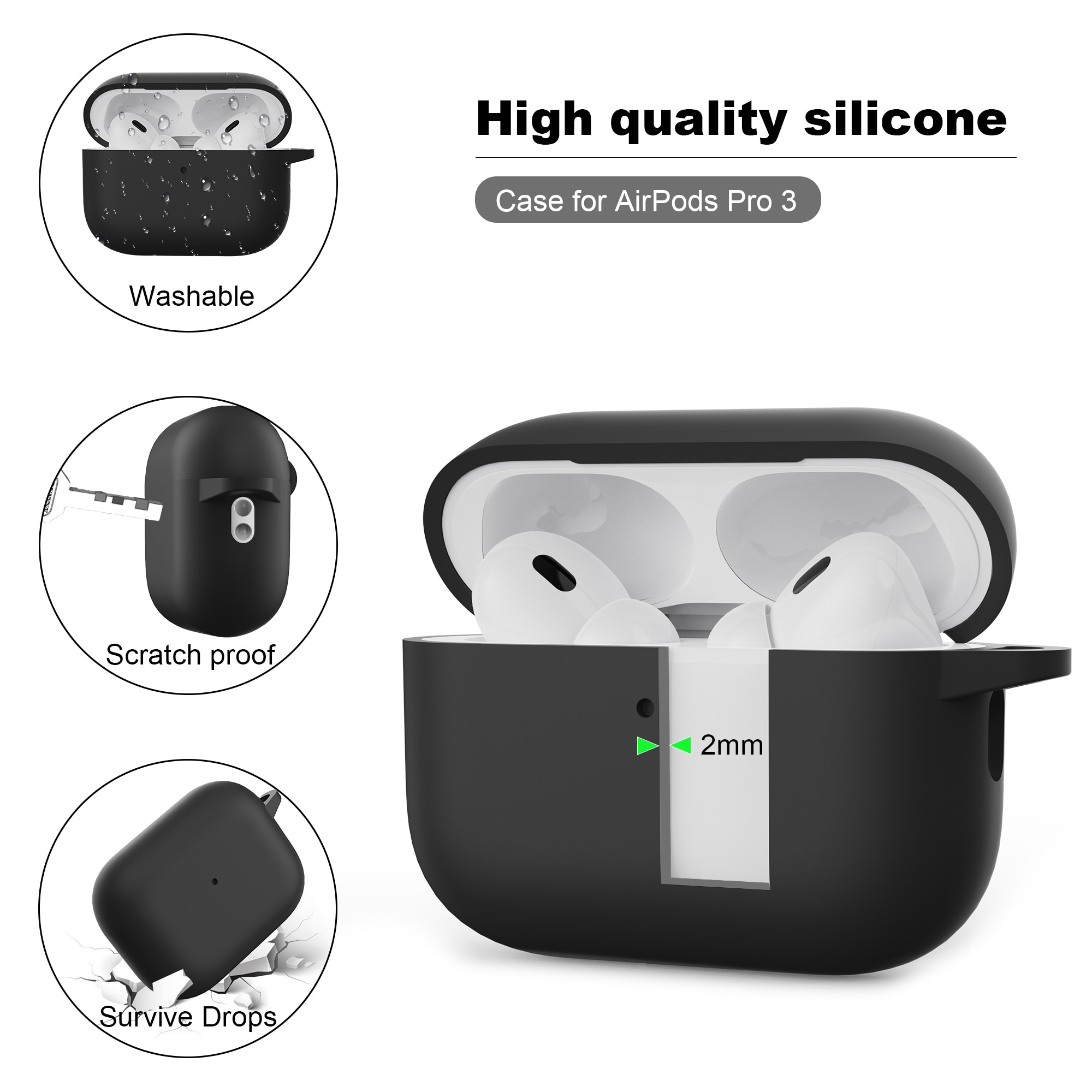 Coque en silicone avec mousqueton Apple AirPods Pro 3, Blanc