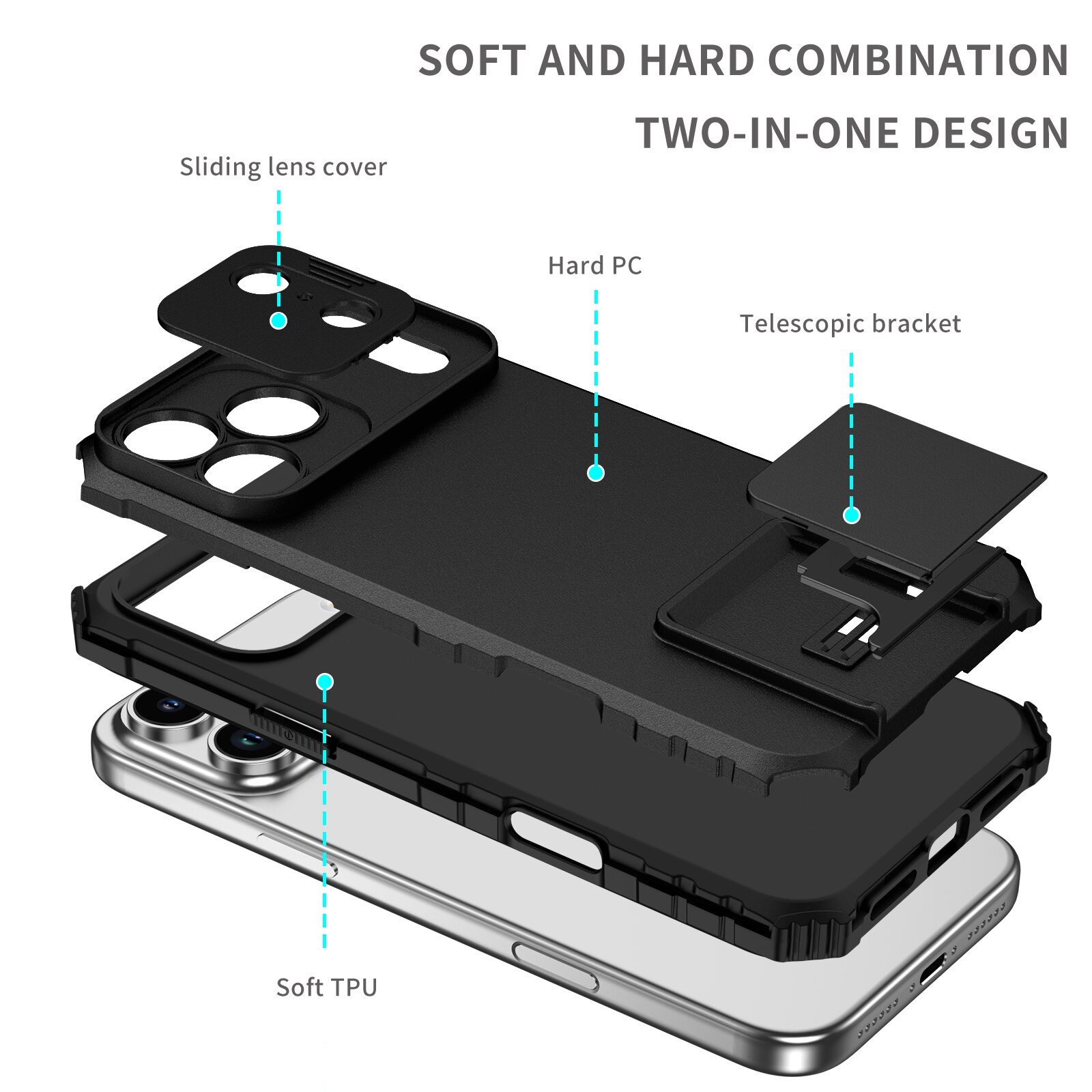 Coque Kickstand avec Protège Caméra iPhone 17 Pro, Noir