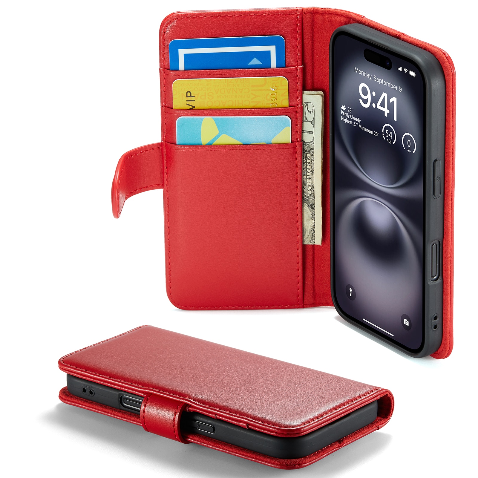 Étui en cuir veritable iPhone 16, Rouge