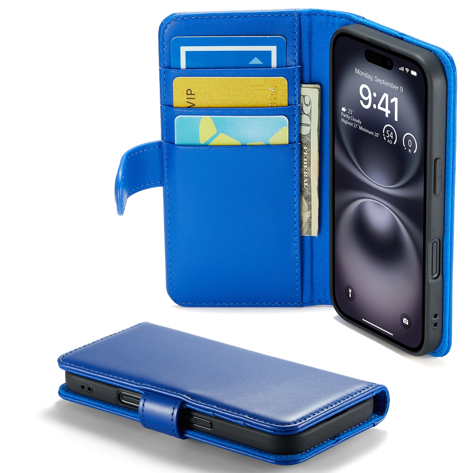 Étui en cuir veritable iPhone 16, Bleu