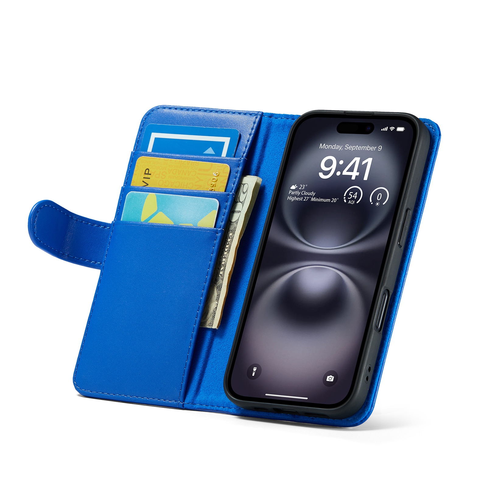 Étui en cuir veritable iPhone 16, Bleu