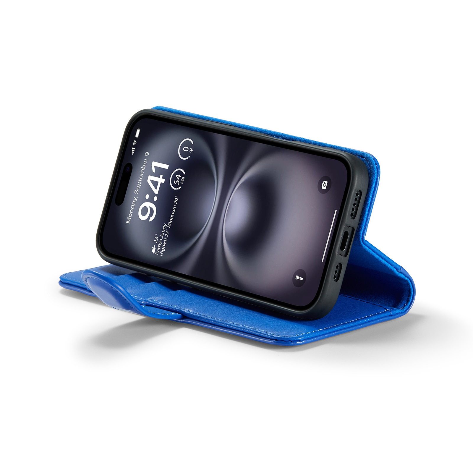 Étui en cuir veritable iPhone 16, Bleu