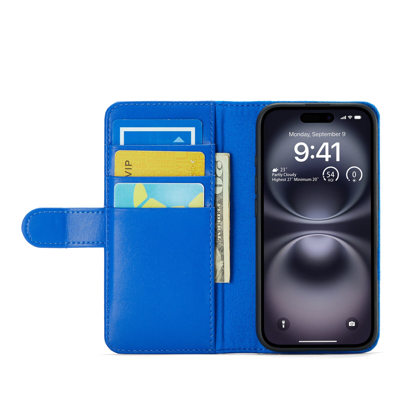 Étui en cuir veritable iPhone 16, Bleu