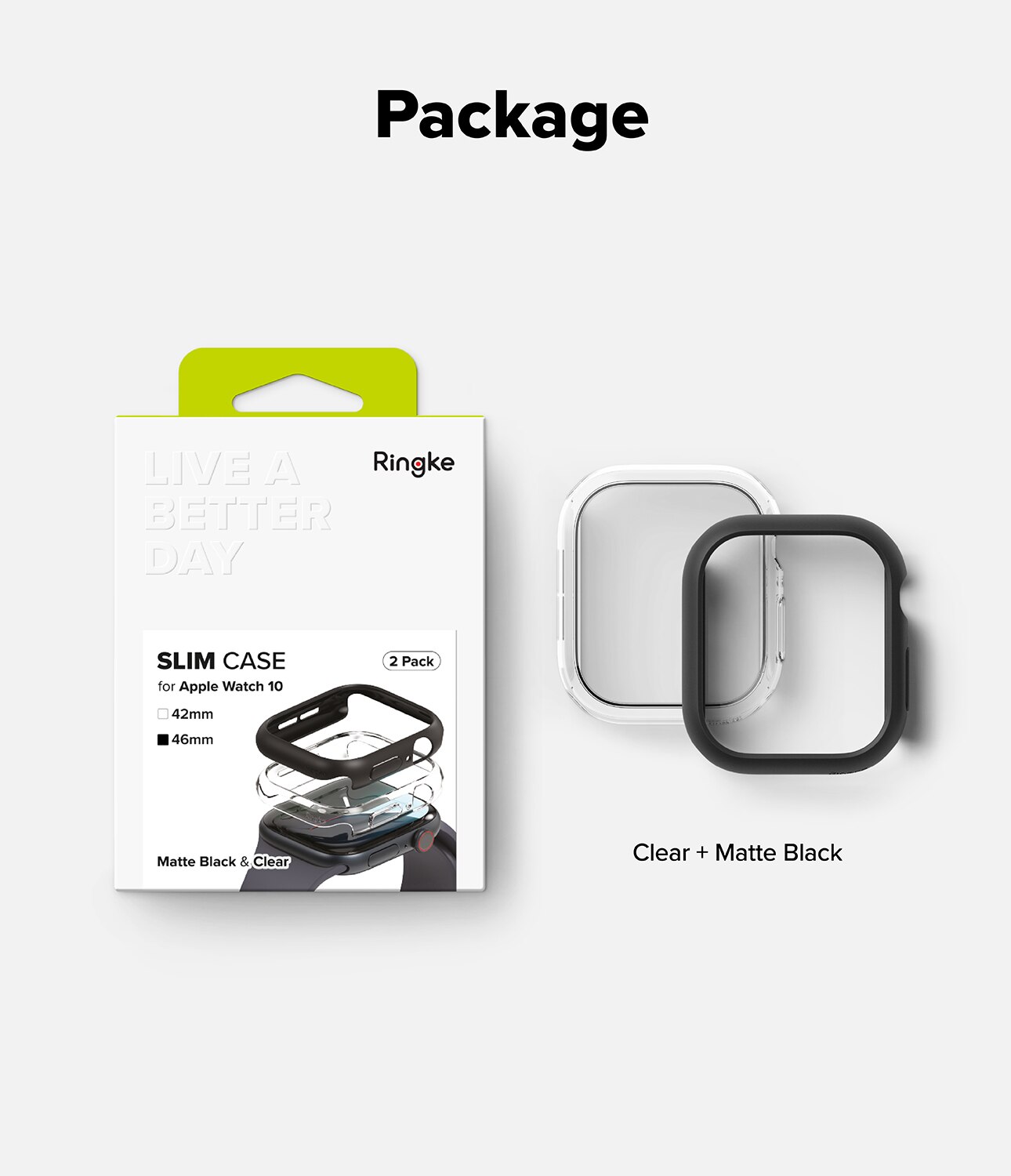 Coque Slim (2 pièces) Apple Watch Series 10 46mm, Matte Black & Clear