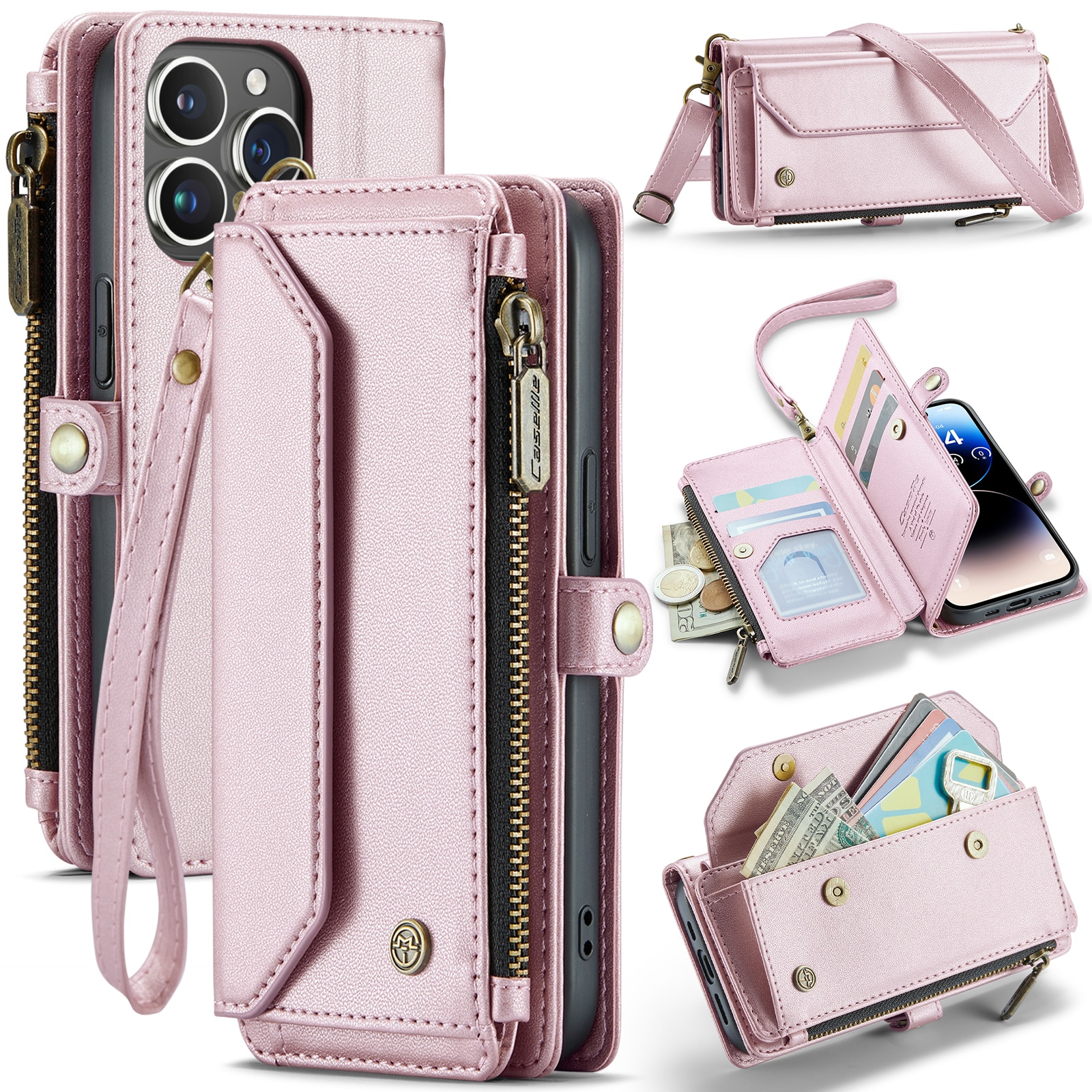 Étui portefeuille iPhone 14 Pro, rose