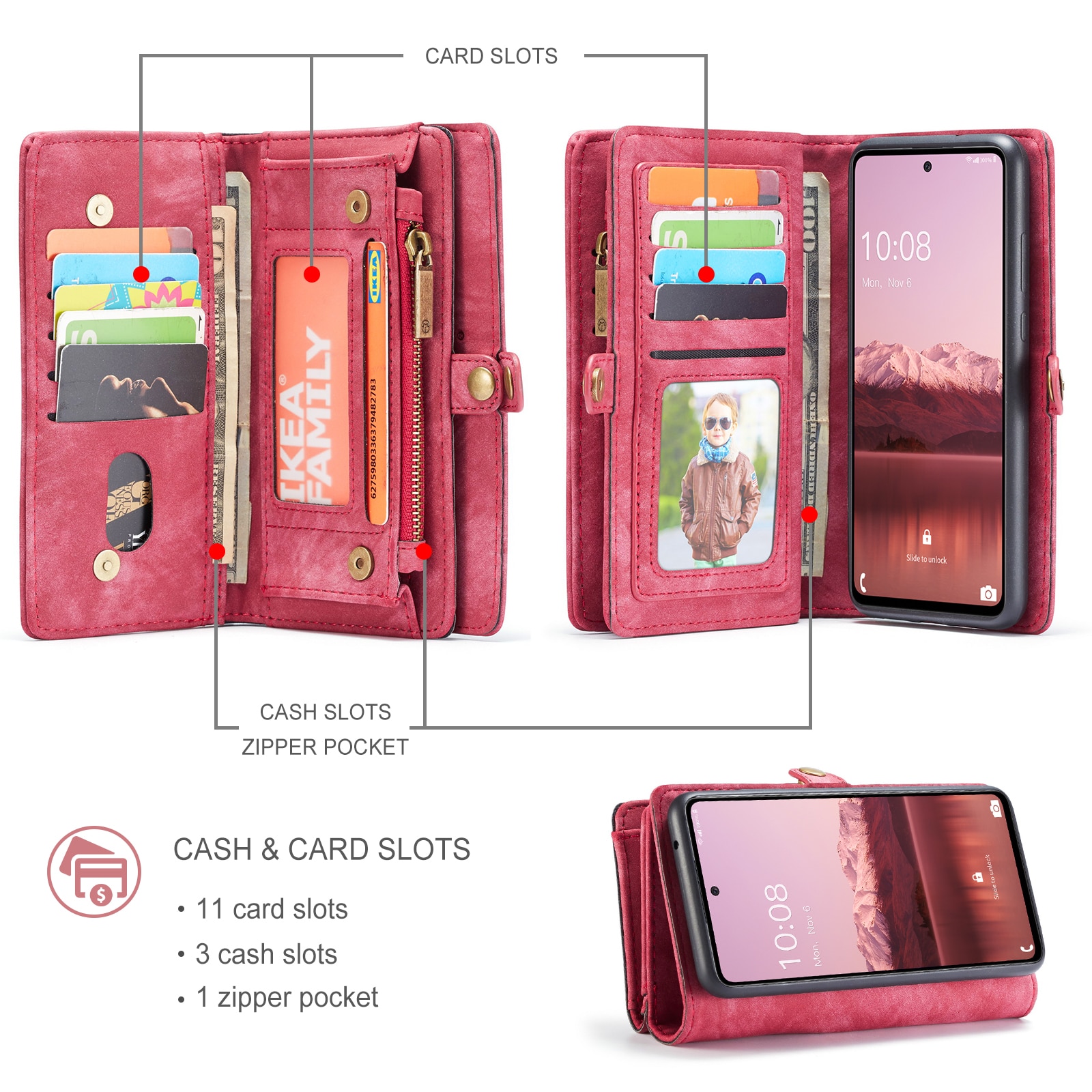 Étui portefeuille multi-cartes Samsung Galaxy A33, Rouge