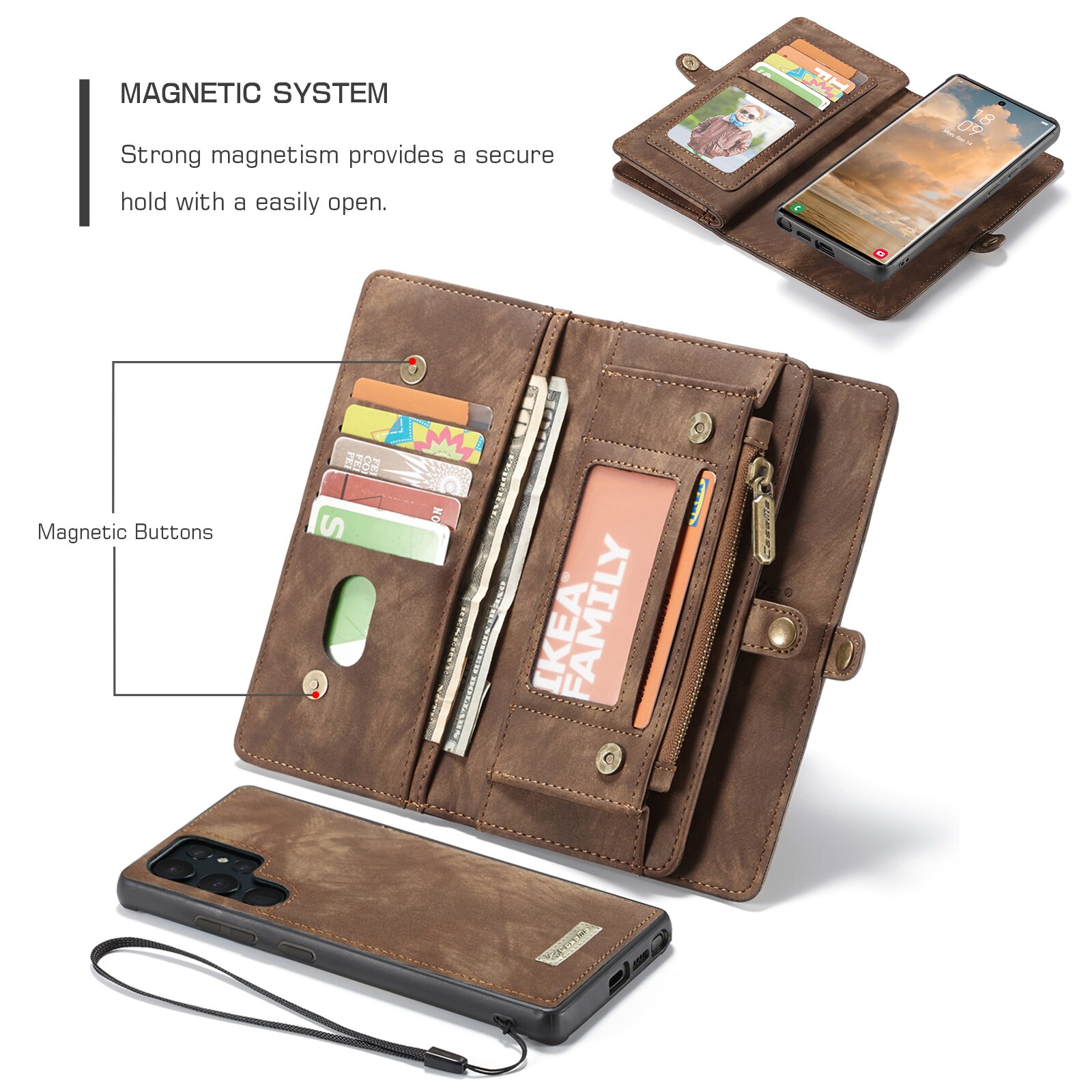 Étui portefeuille multi-cartes Samsung Galaxy S22 Ultra, Marron