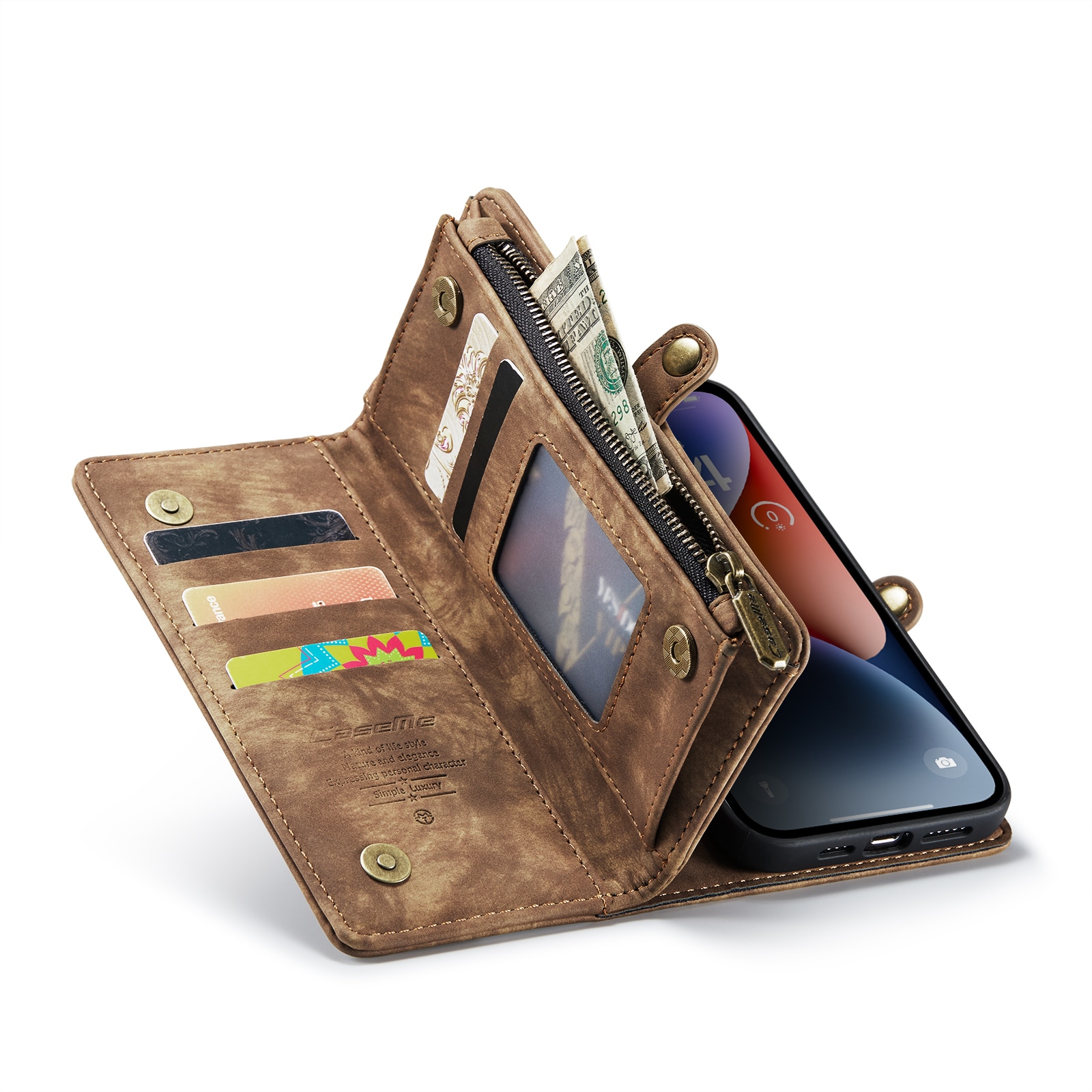 Étui portefeuille multi-cartes iPhone 14 Plus, Marron