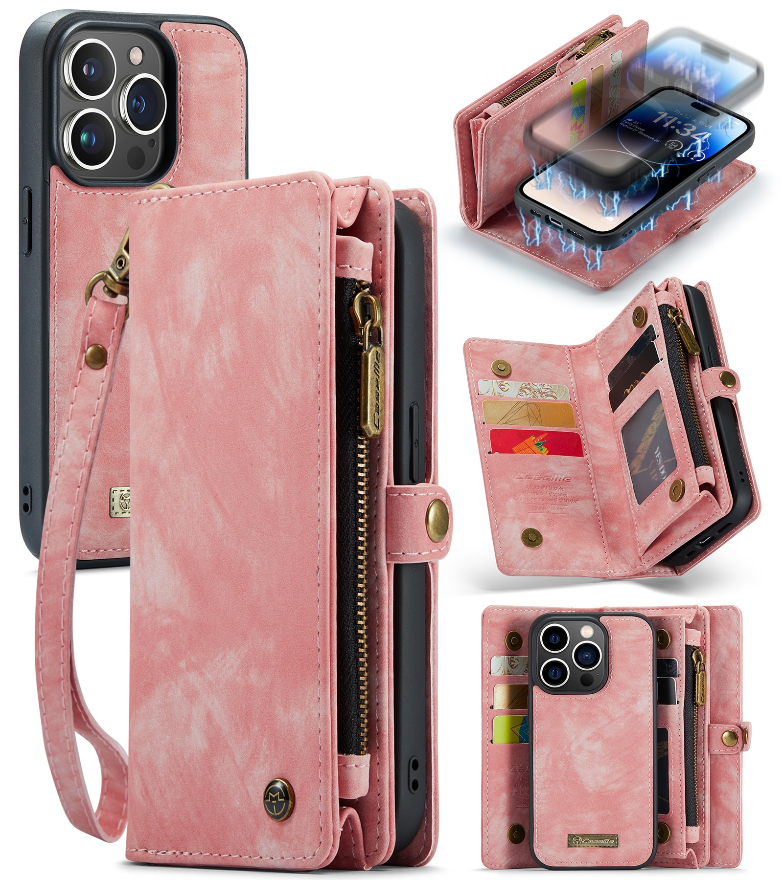Étui portefeuille multi-cartes iPhone 14 Pro Max, Rose