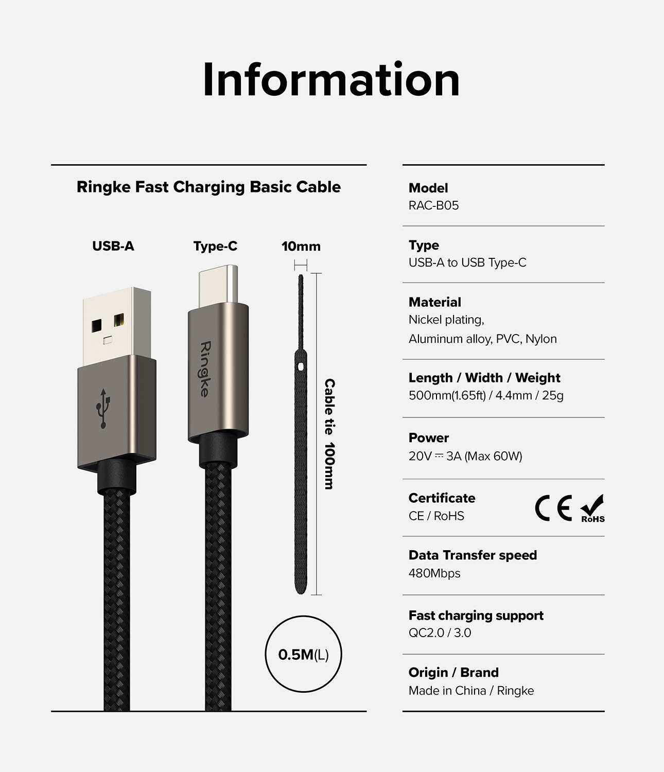 Fast Charging Basic Câble USB-A -> USB-C 0,5m, noir