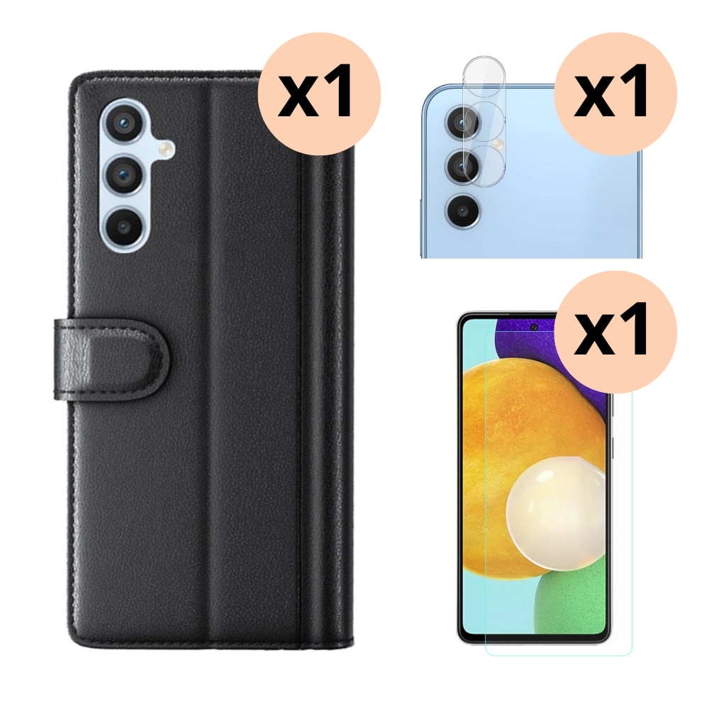 Kit pour Samsung Galaxy A54 : Coque portefeuille, protecteur d’écran et caméra protecteur