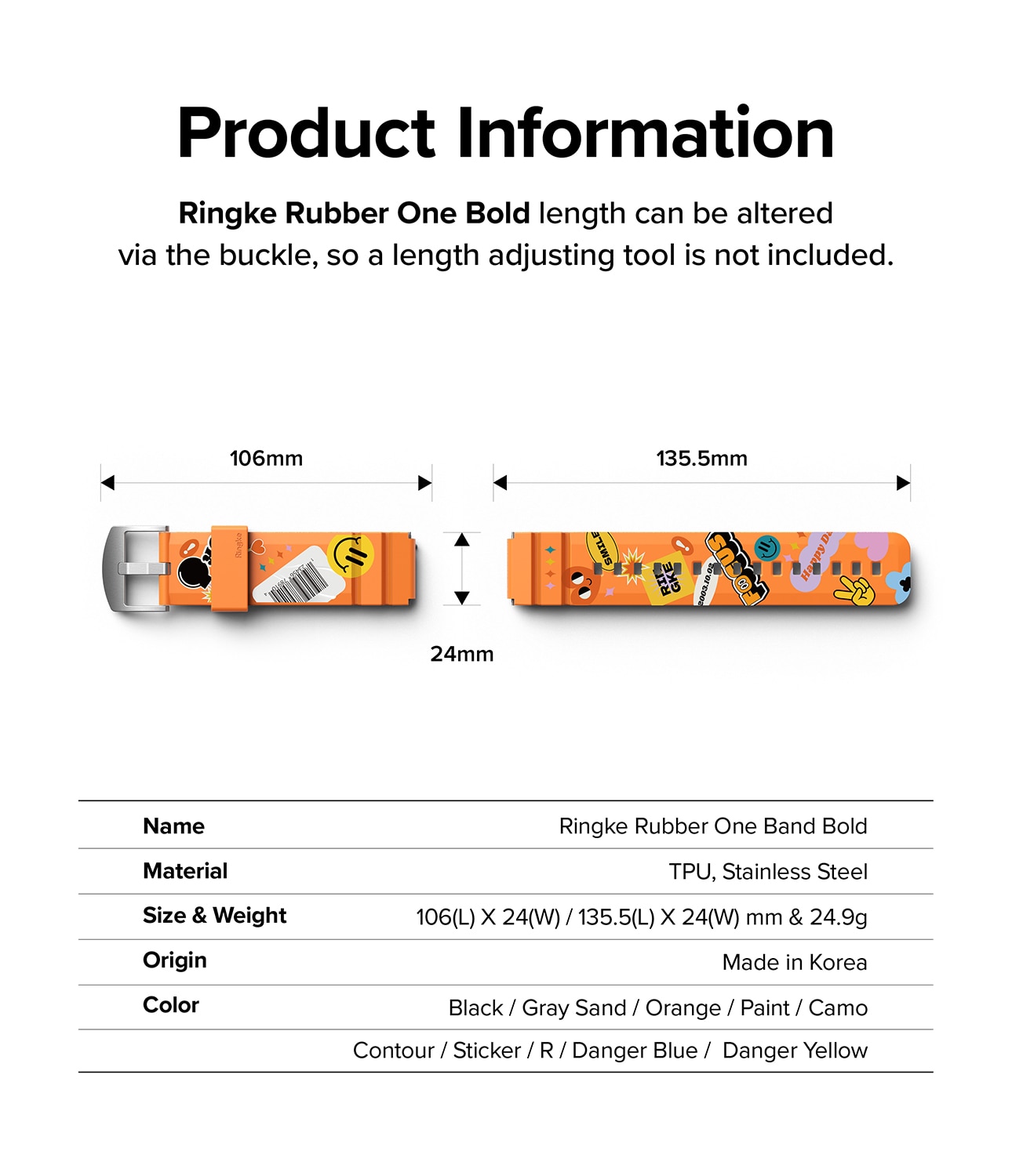 Rubber One Bold Band 20mm Lug Width, Orange Sticker