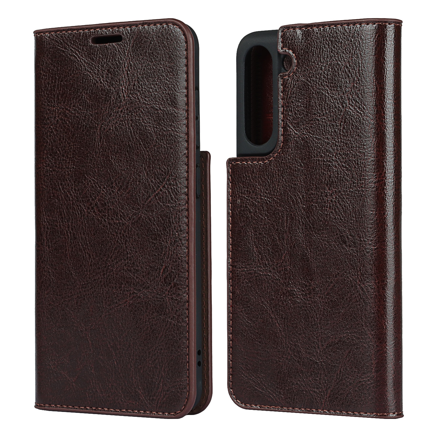Coque portefeuille en cuir Veritable Samsung Galaxy S21, Marron foncé
