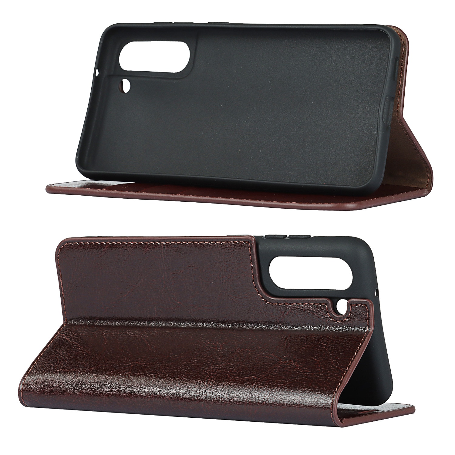 Coque portefeuille en cuir Veritable Samsung Galaxy S21, marron foncé