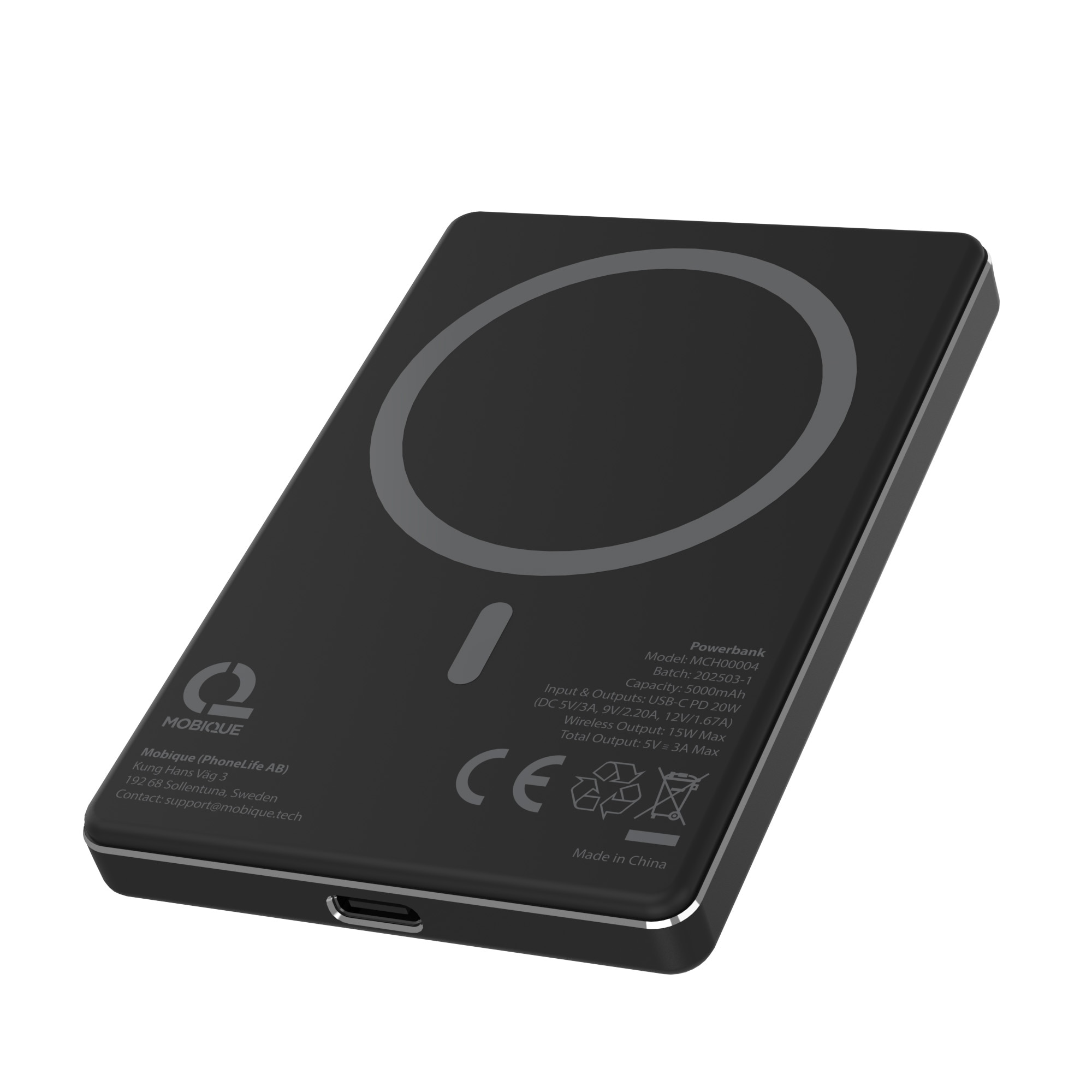 Batterie externe sans fil magnétique 5000mAh, noir
