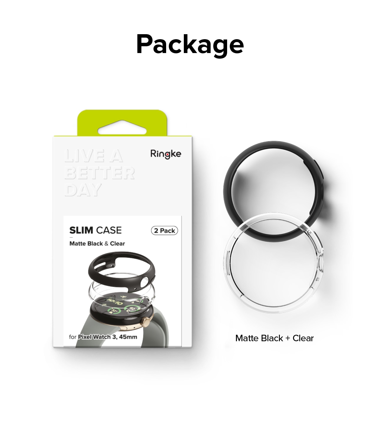 Coque Slim (2 pièces) Google Pixel Watch 3 45mm, Matte Black & Clear