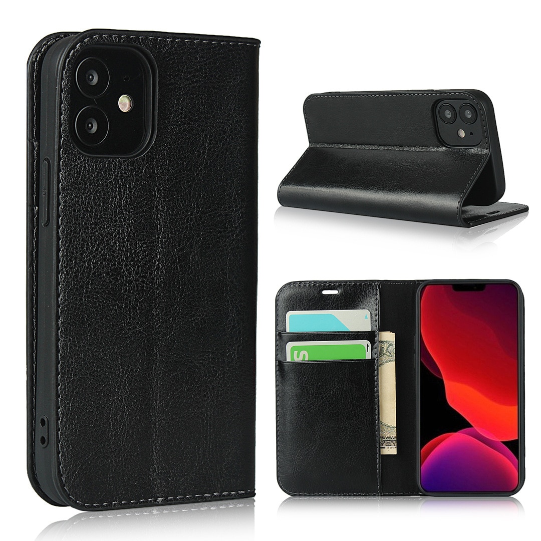 Coque portefeuille en cuir Veritable iPhone XR, noir