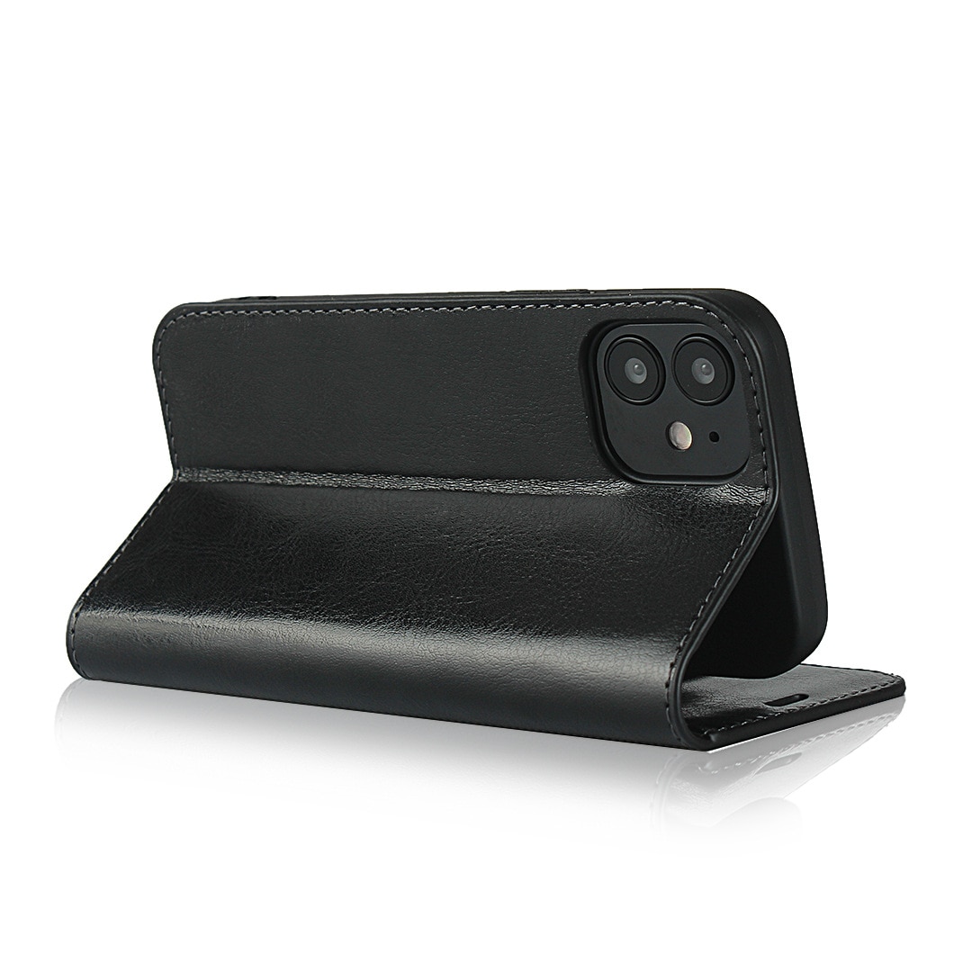 Coque portefeuille en cuir Veritable iPhone 11, noir