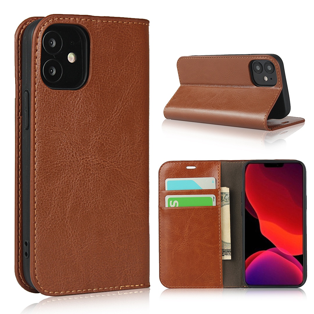 Coque portefeuille en cuir Veritable iPhone XR, marron