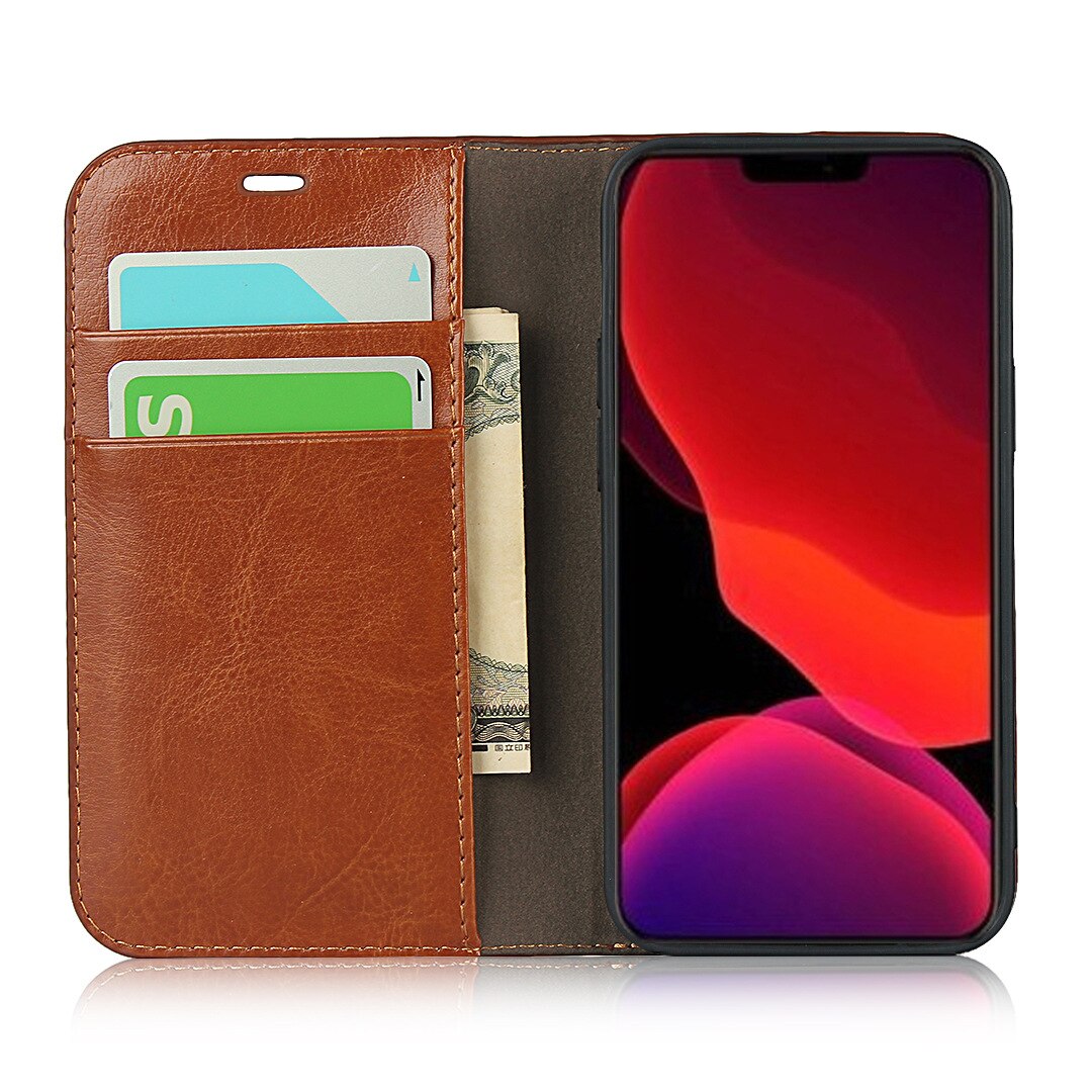 Coque portefeuille en cuir Veritable iPhone XR, marron