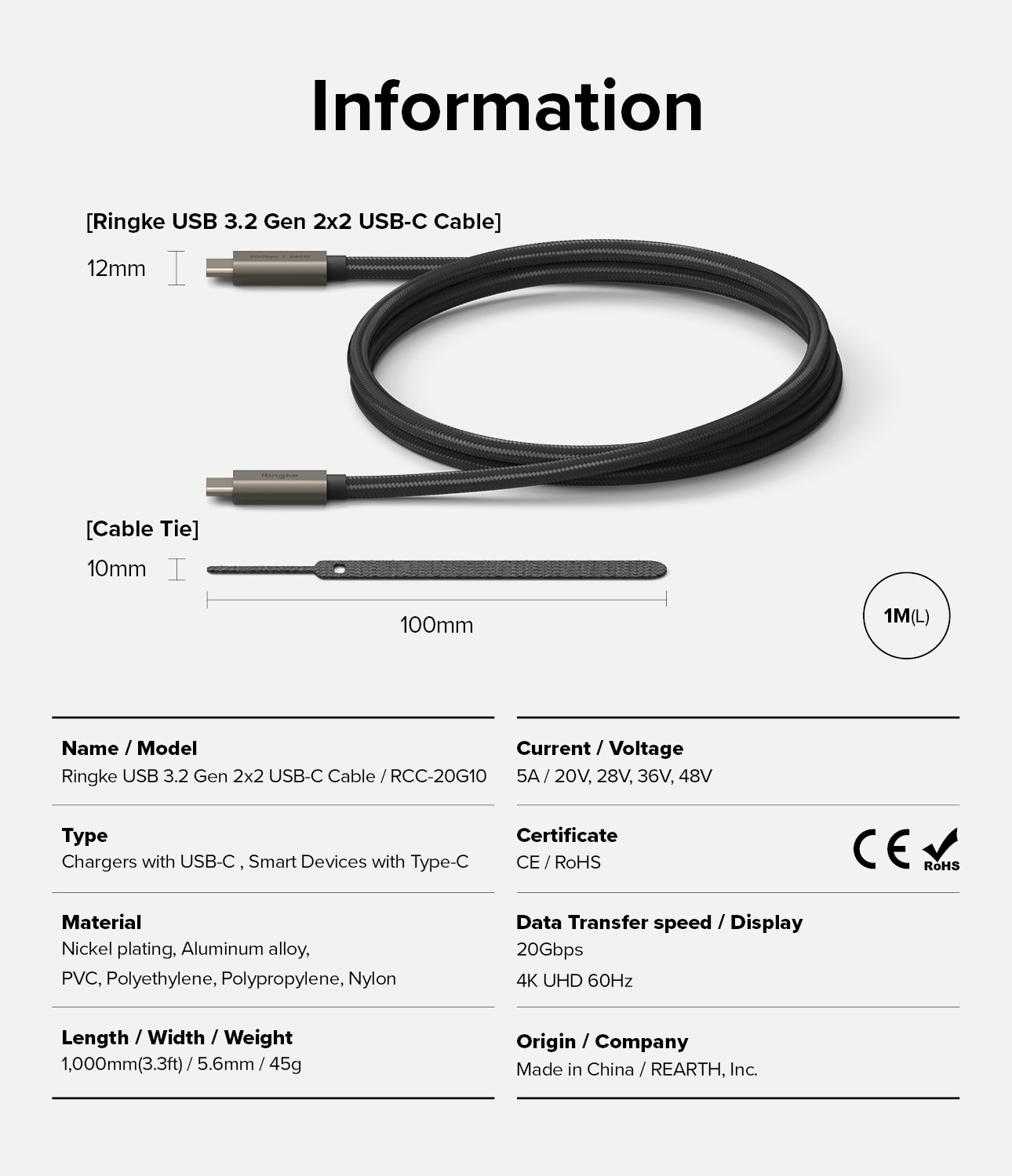 USB-C vers USB-C 3.2 Gen 2x2 Câble 1 mètres, noir