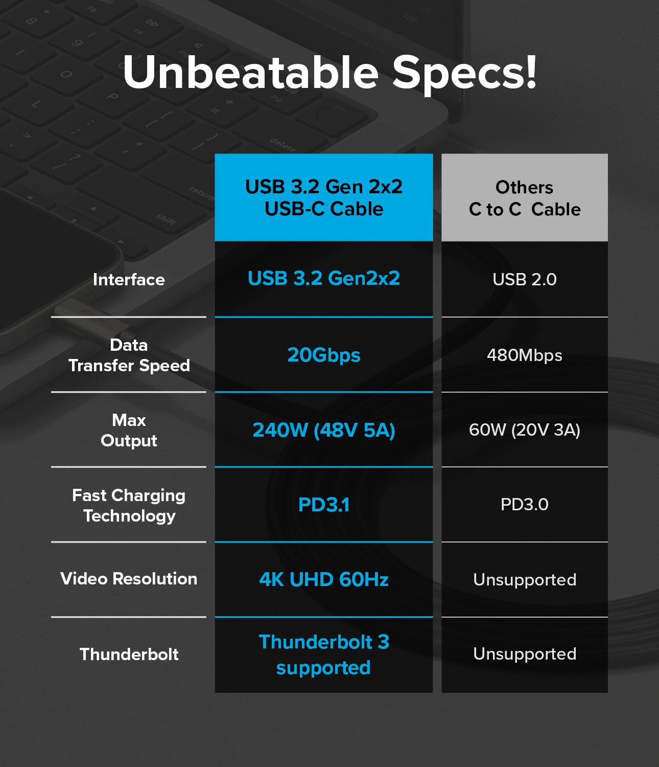 USB-C vers USB-C 3.2 Gen 2x2 Câble 2 mètres 240W, noir