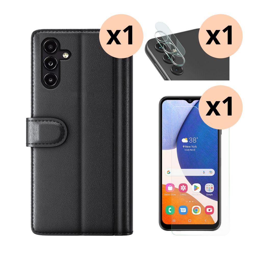 Kit pour Samsung Galaxy A14 : Coque portefeuille, protecteur d’écran et caméra protecteur