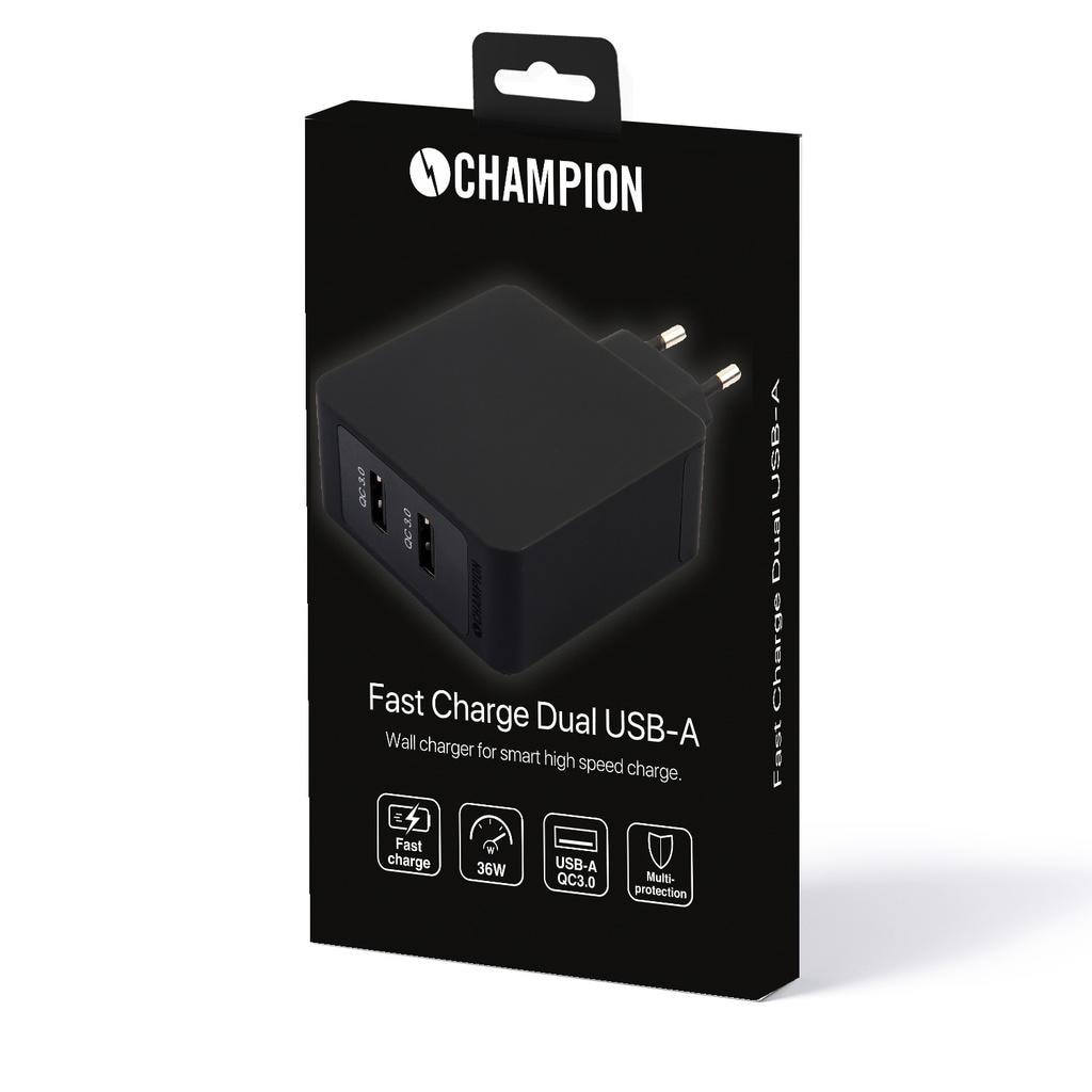 Fast Charge Dual USB QC3 36W Noir