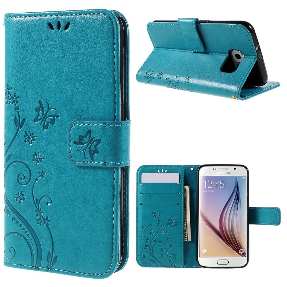 Étui en cuir à papillons pour Samsung Galaxy S6, bleu