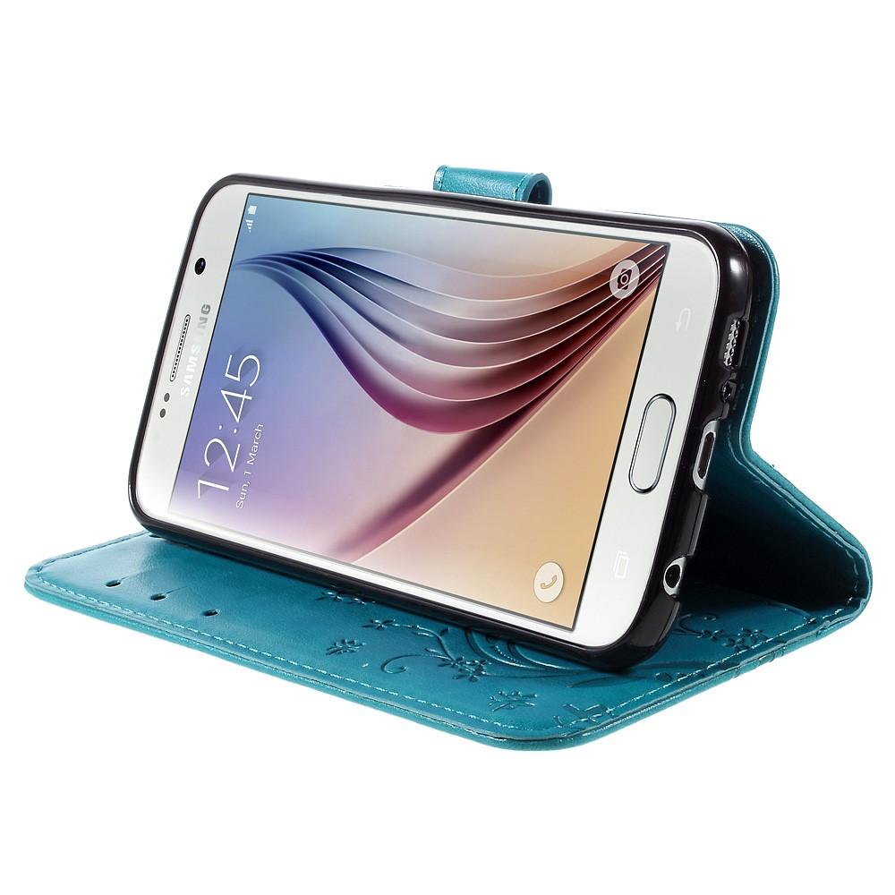 Étui en cuir à papillons pour Samsung Galaxy S6, bleu